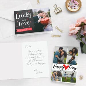 Valentine's Day cards and envelopes on a desk