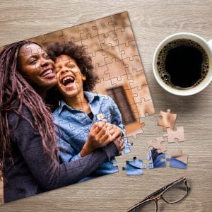 110 piece puzzle featuring a photo of laughing mother and son