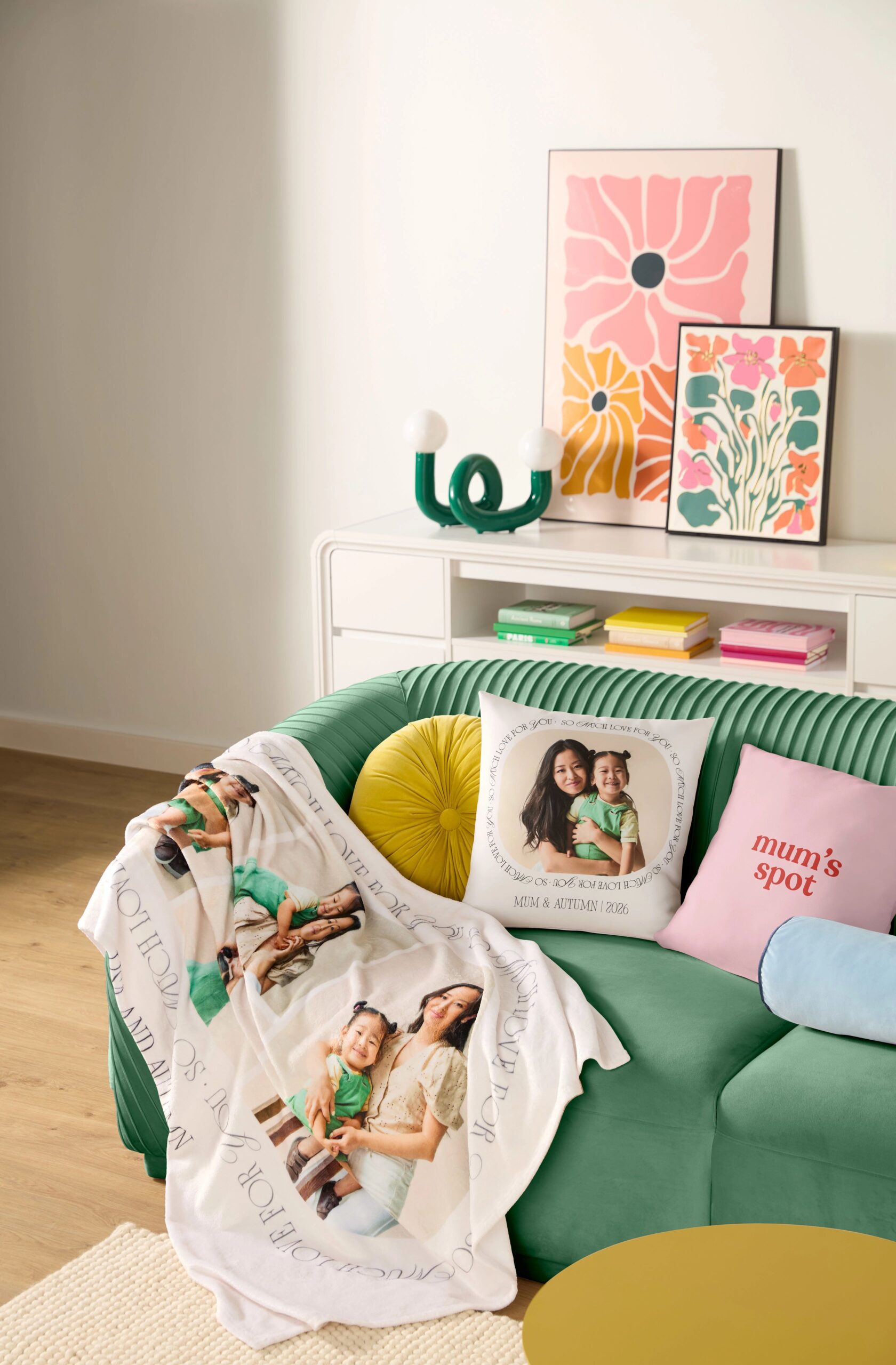 photo blanket, custom pillows, and wall art