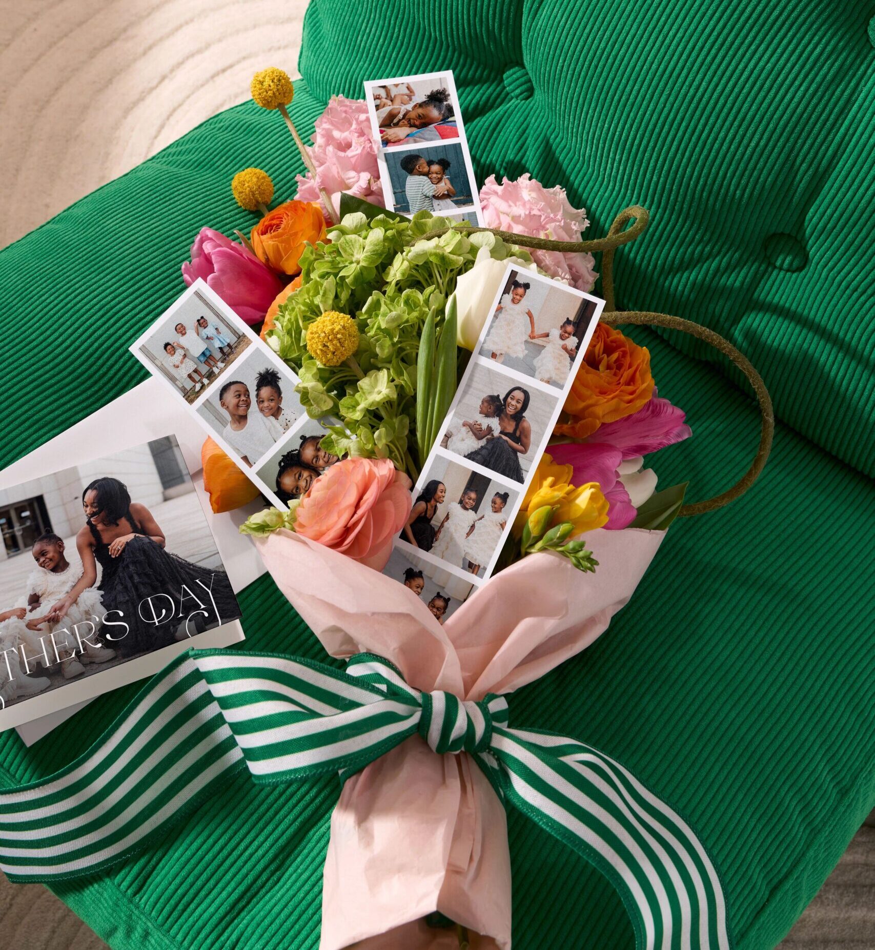 photo booth strips in a bouquet of flowers